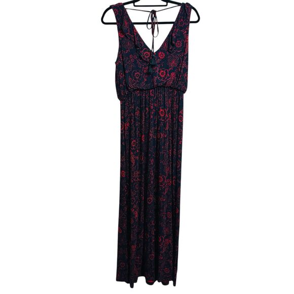 Ann Taylor Loft Ruffle Neck Dress Sz MP Navy Red Floral Tie Back Slit V-Neck - Picture 5 of 9